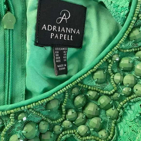 ADRIANNA PAPELL |SLEEVELESS LACE DRESS WITH BEADED NECK IN BOTANIC GREEN SIZE 10 - Picture 9 of 10